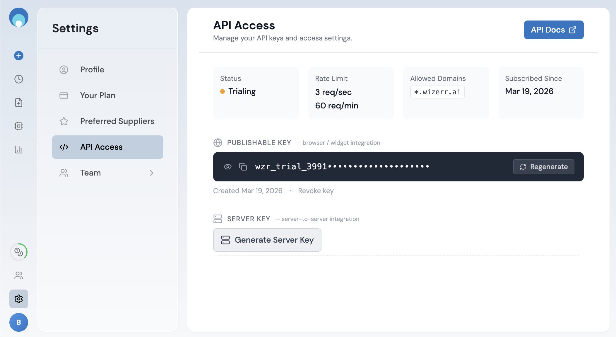 Dashboard - Generate Server Key button