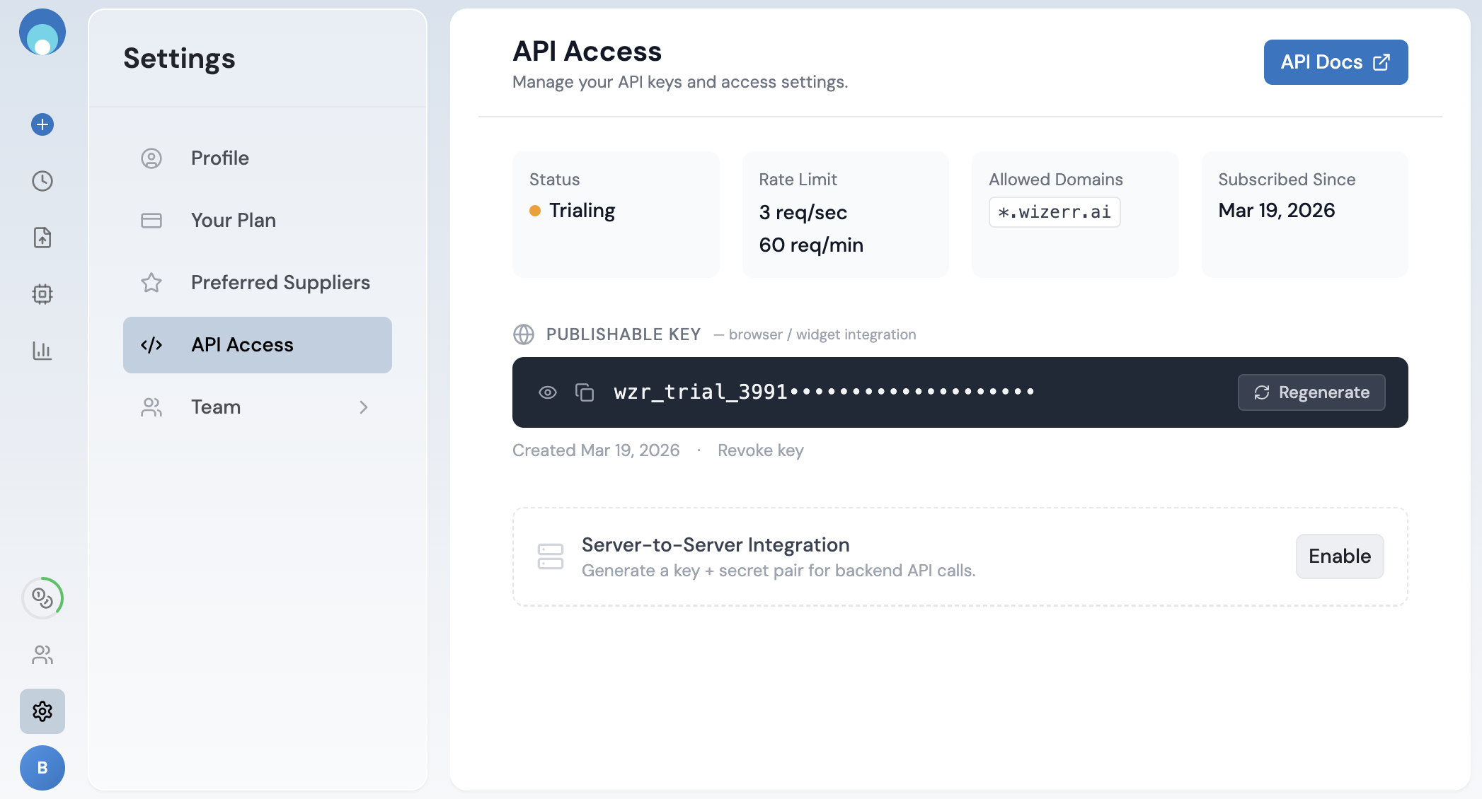 Dashboard - API Access page with publishable key